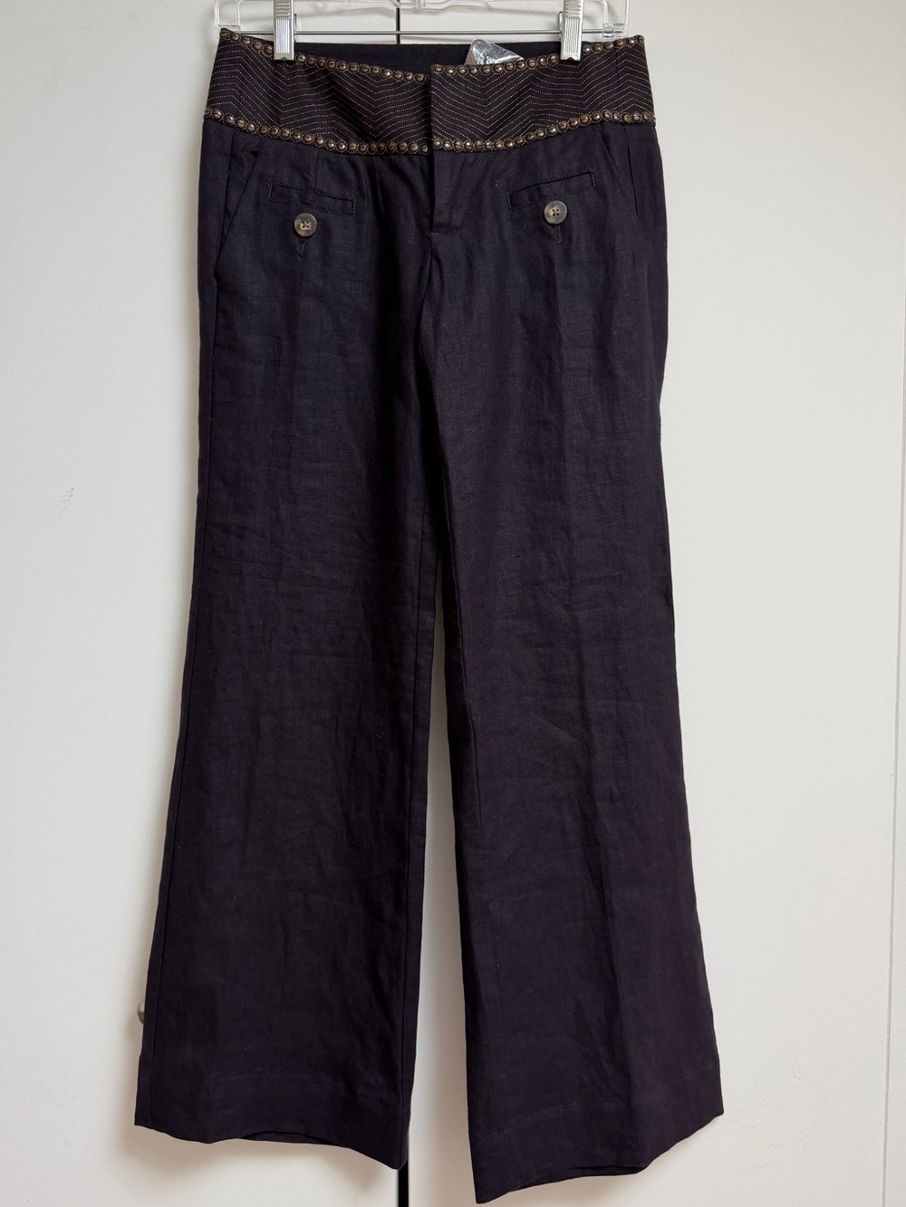 Anthropologie Idra Plum 100% Linen Pants with Embroided Waistband